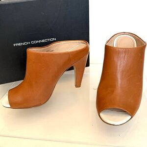French Connection Brown Leather Peep-Toe Heel Mules
